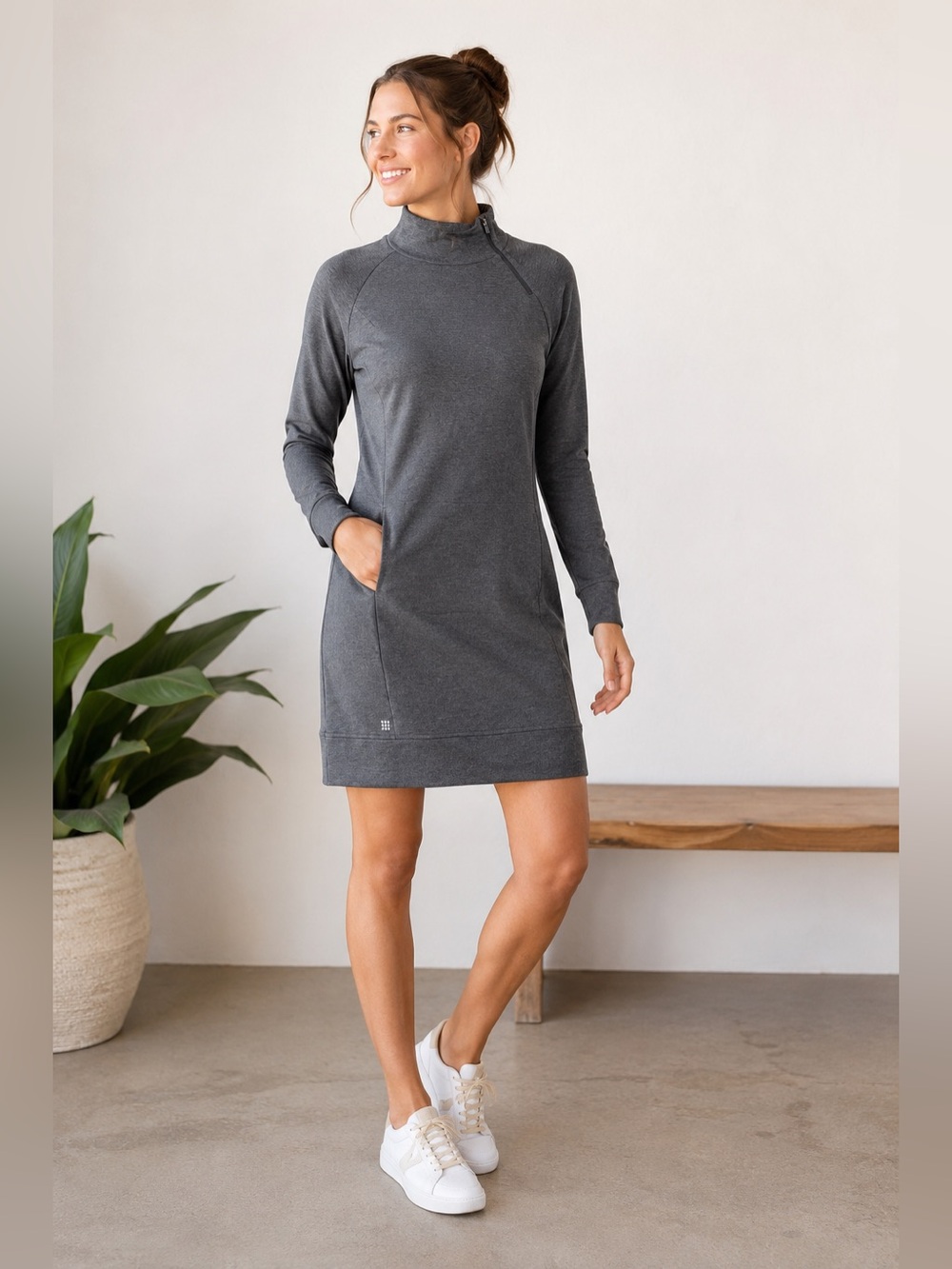 Title Nine Women’s Medium Gray Mock Neck Quarter Zip Athleisure Sweatshirt Dress